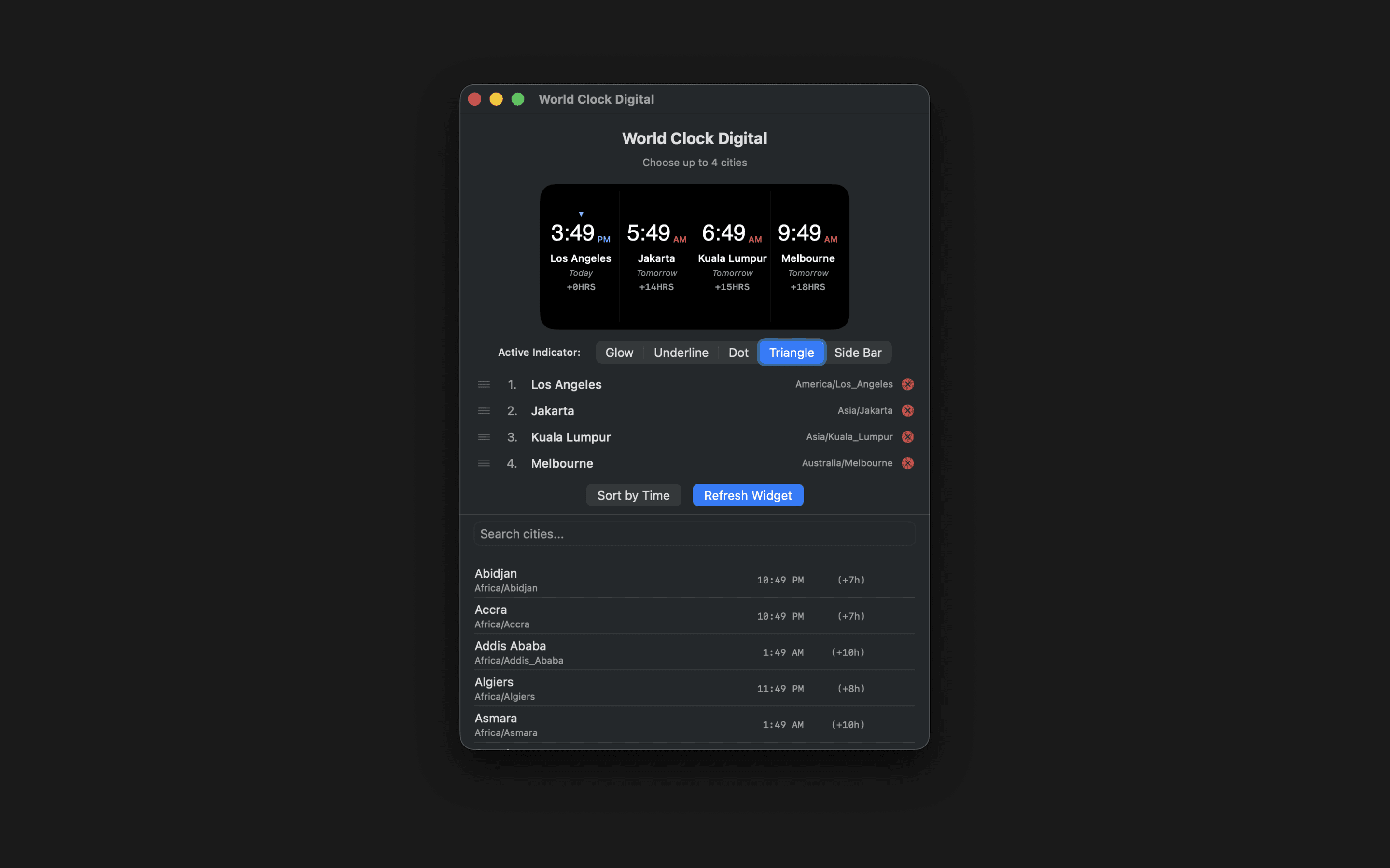 World Clock Digital app with city picker and indicator styles