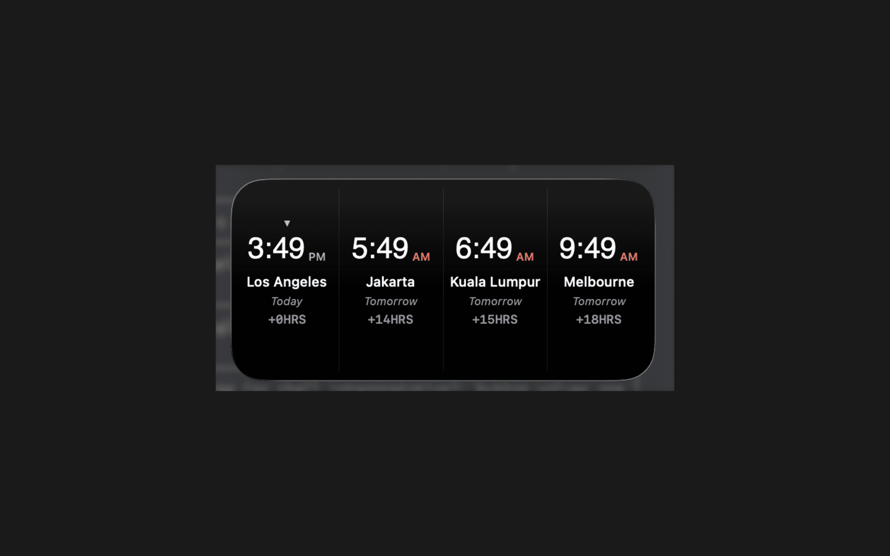 World Clock Digital widget showing four city clocks
